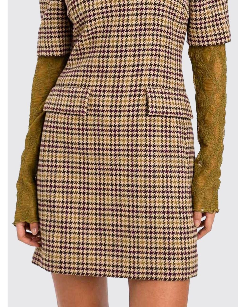 Twinset Natural Houndstooth Sheath Mini Dress With Puff Sleeves And Lace Inserts