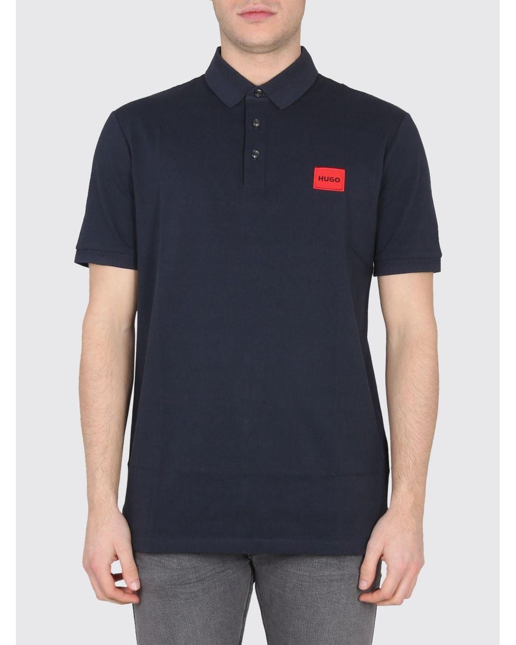 HUGO Blue Cotton Polo Shirt With Contrasting Logo And Three-Button Placket for men
