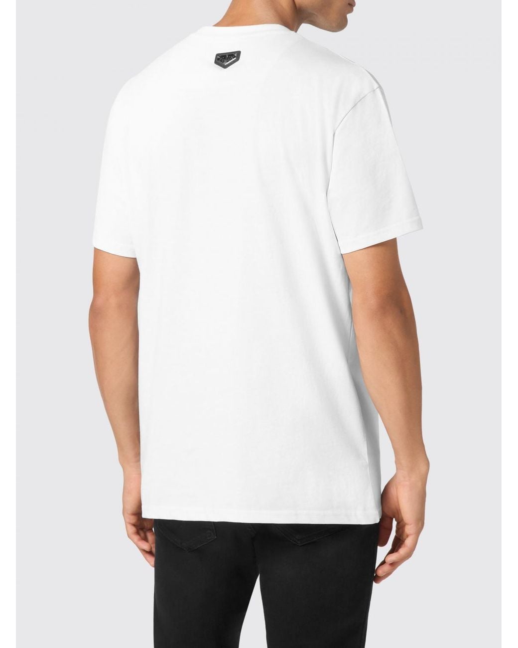 Philipp Plein White Cotton T-Shirt With Monogram And Rhinestone Hexagon Logo for men