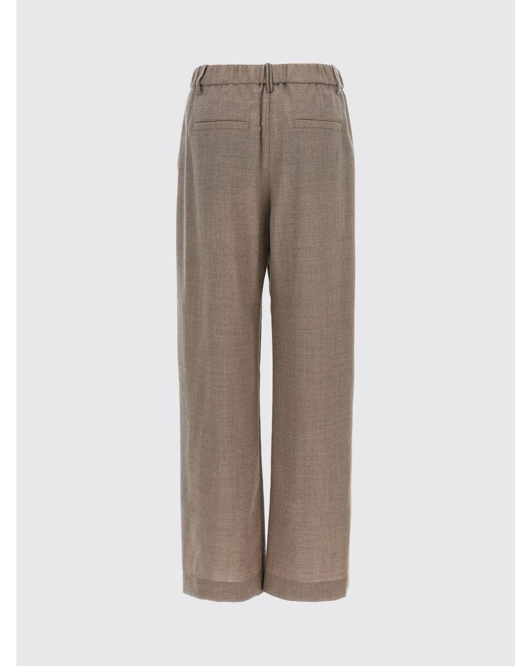 Brunello Cucinelli Natural High-Waisted Virgin Wool Wide Leg Trousers With Monili