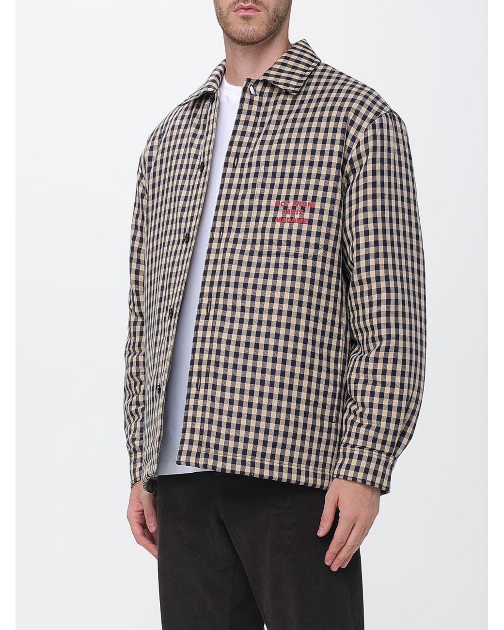 Drole de Monsieur Gray Checkered Cotton Shirt Jacket With Slogan Print for men