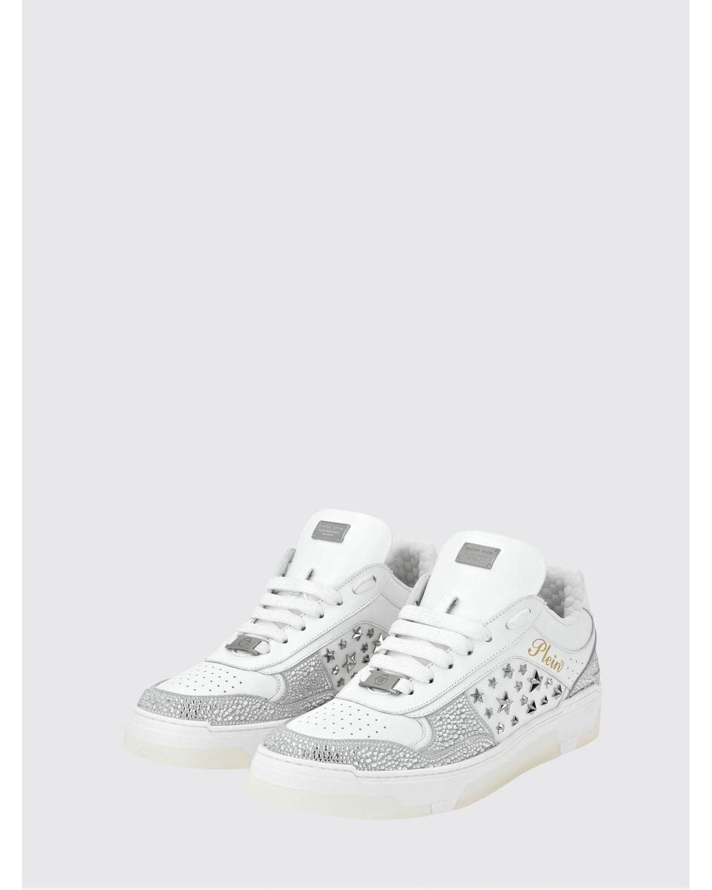 Philipp Plein White Low-Top Leather And Suede Sneakers With Studs And Rhinestones for men