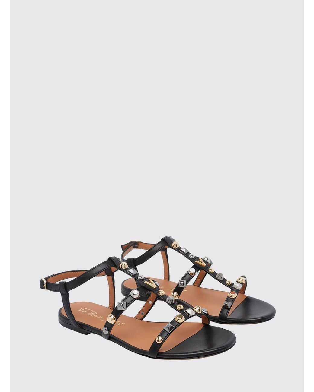 Via Roma 15 Black Flat T-Strap Smooth Calfskin Leather Sandals With Stud Application