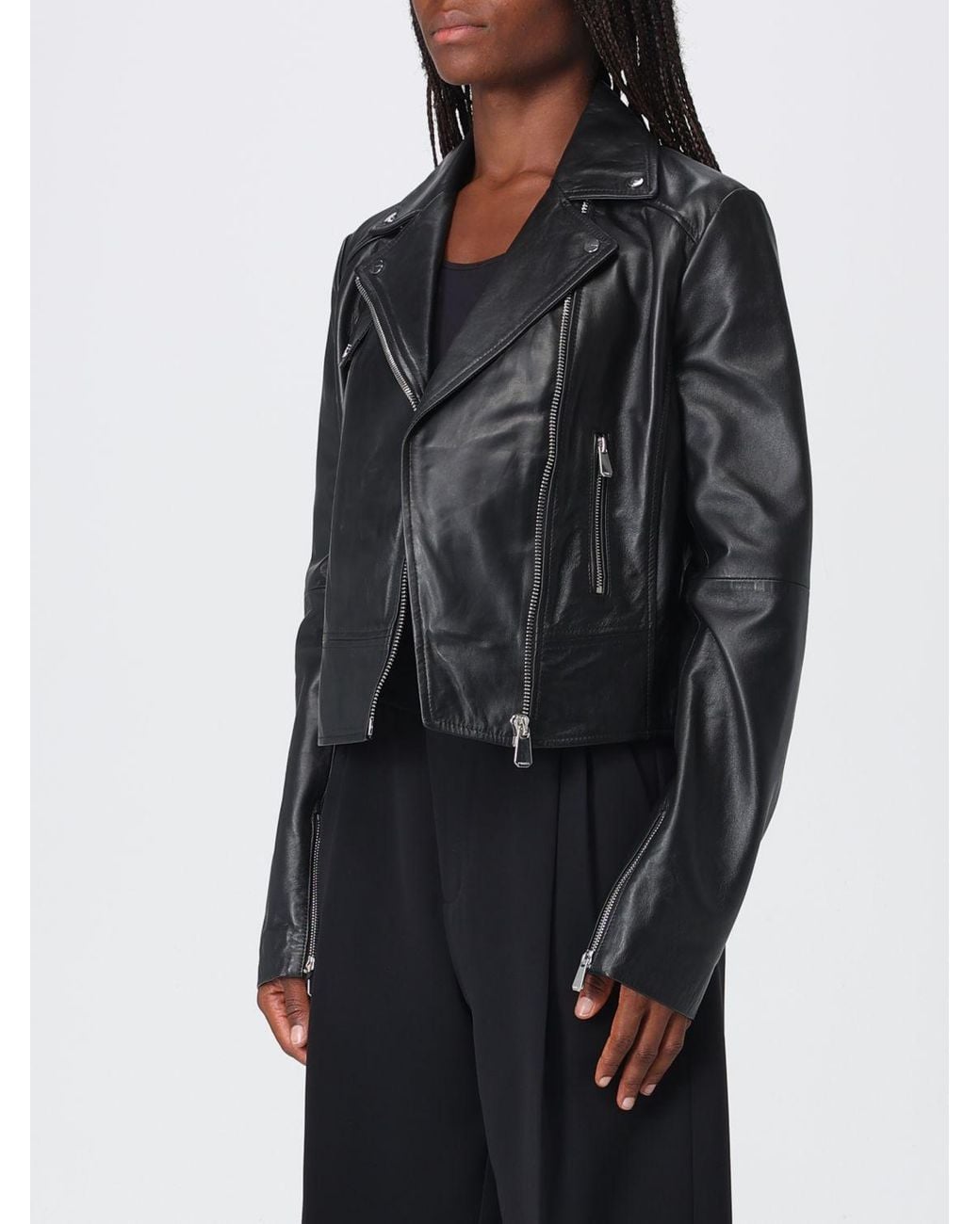 Pinko Black New Sensibile Cropped Lamb Nappa Biker Jacket With Asymmetric Zip