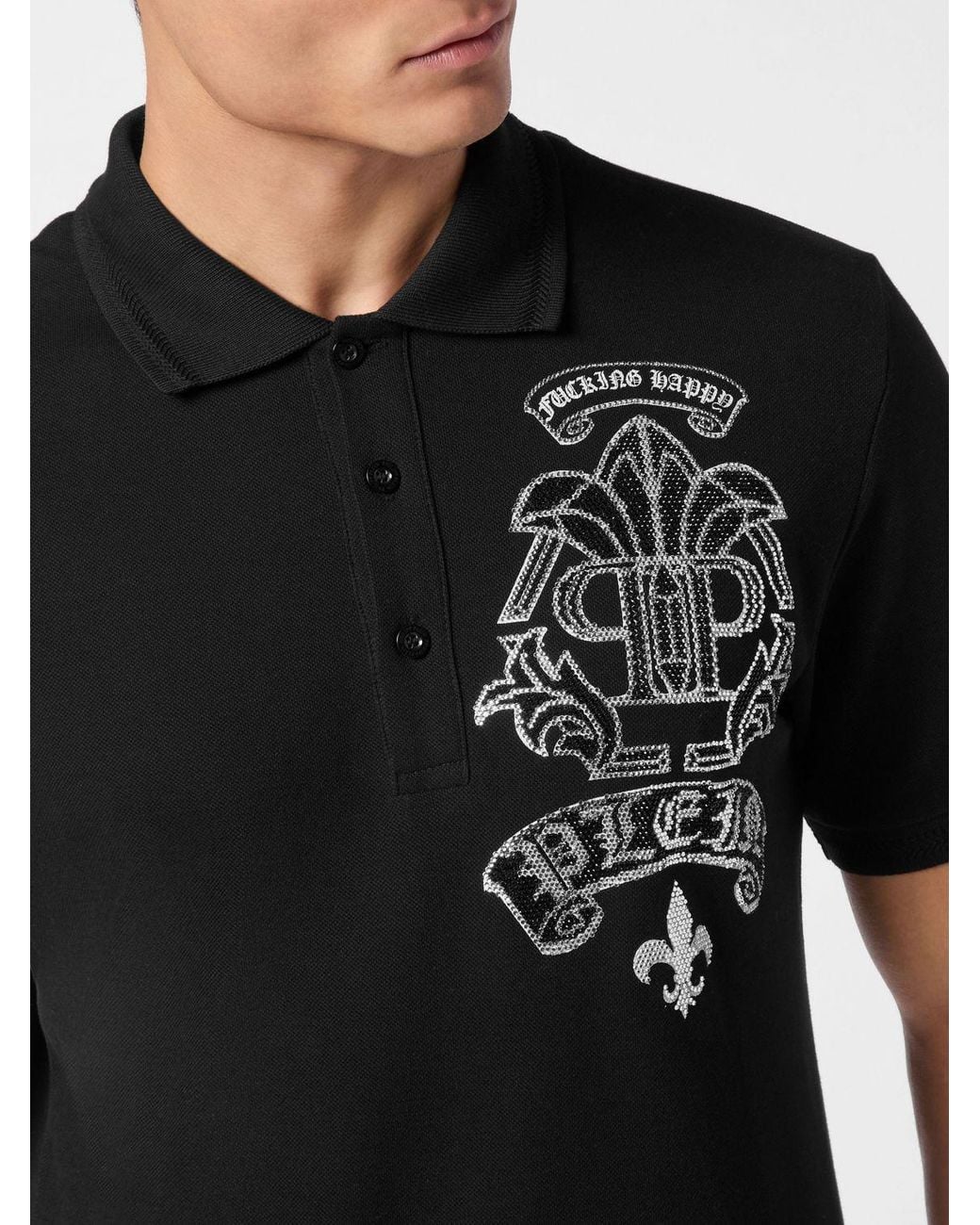 Philipp Plein Black Short-Sleeved Cotton Polo Shirt With Rhinestone Hexagon Logo for men