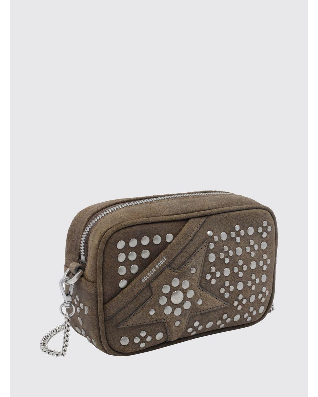 Golden Goose Deluxe Brand Gray Mini Star Suede Camera Bag With Studs And Chain Strap