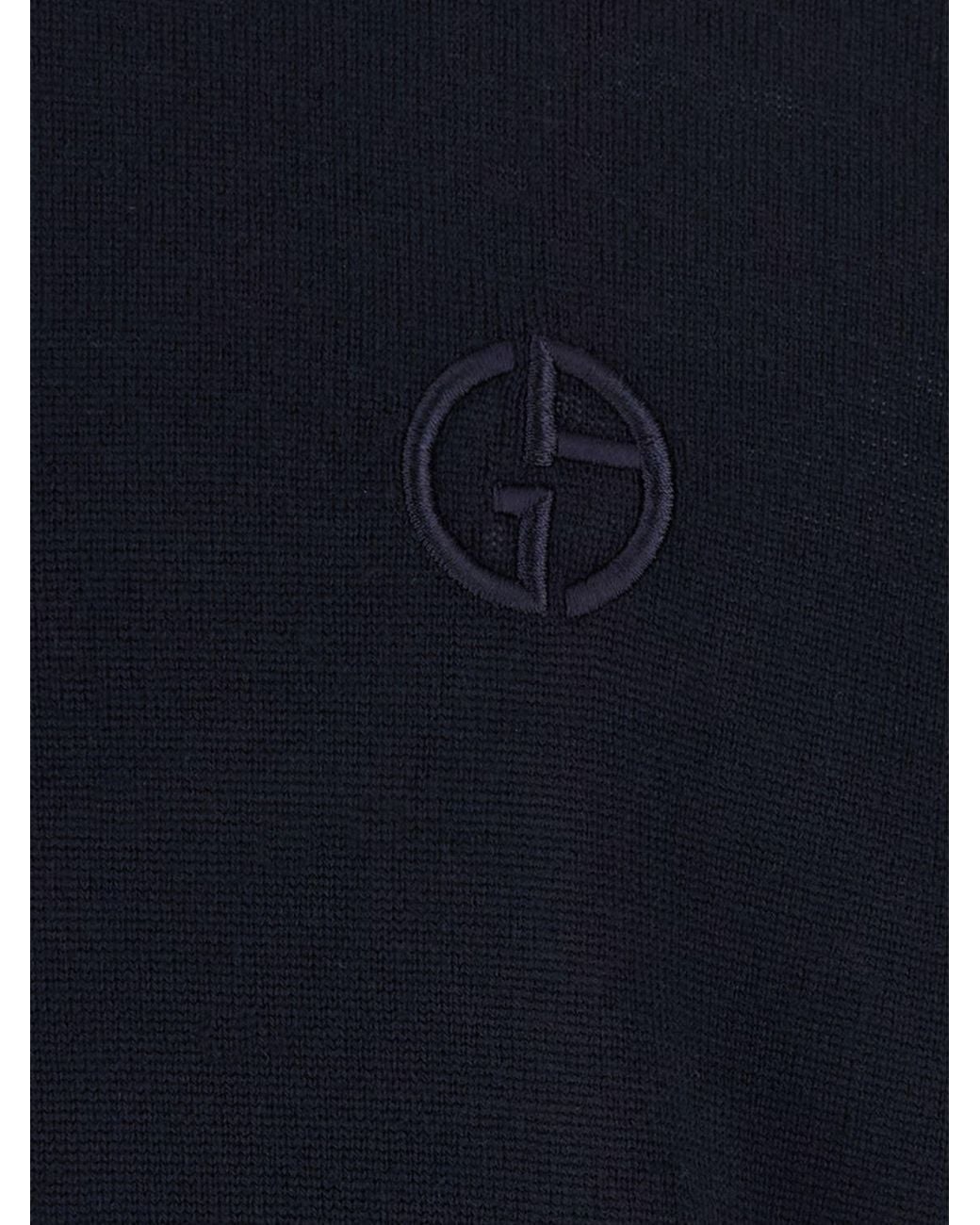 Giorgio Armani Blue Virgin Wool Crewneck Jumper With Embroidered Monogram for men