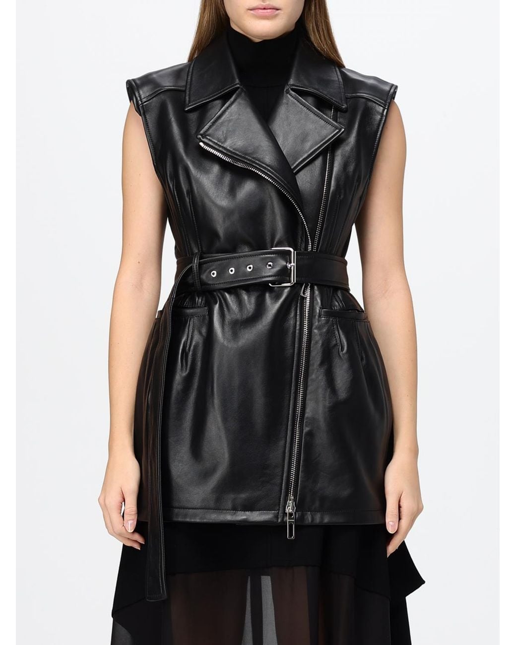 Sportmax Black Cropped Leather Biker Waistcoat With An Adjustable Waist Belt