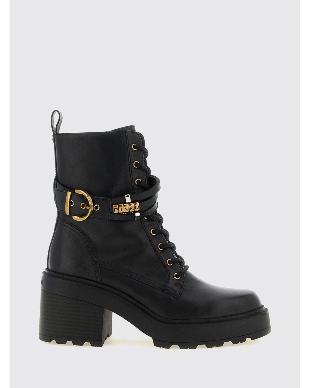 Pinko Black Altea Leather Combat Boots With Lug Sole And Medium Heel