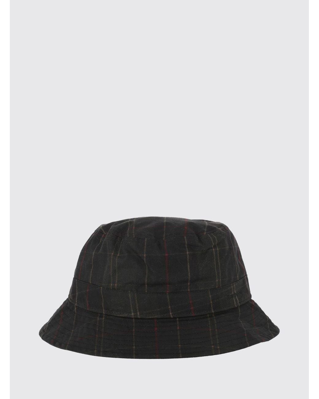 Barbour Black Waxed Cotton Bucket Hat With Tartan Pattern And Embroidered Logo for men