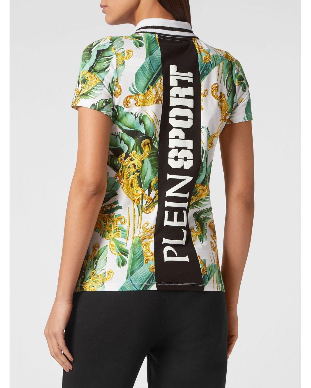 Philipp Plein Green Sleeveless Cotton Polo Shirt With Tropical Print And Striped Collar