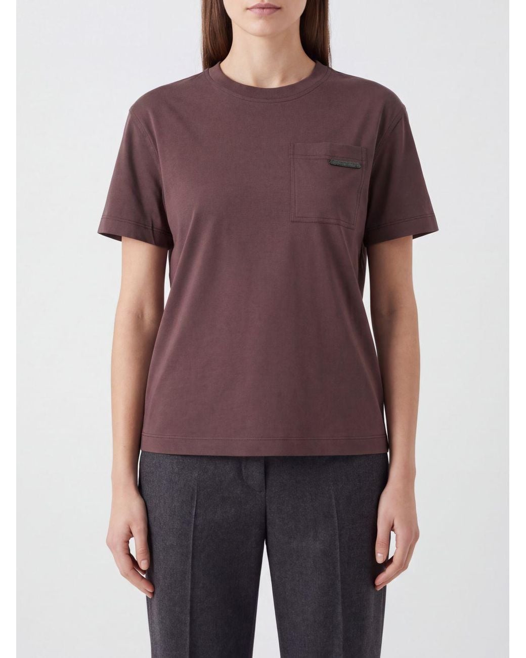 Brunello Cucinelli Purple Polyamide T-Shirt With Patch Pocket And Contrast Logo