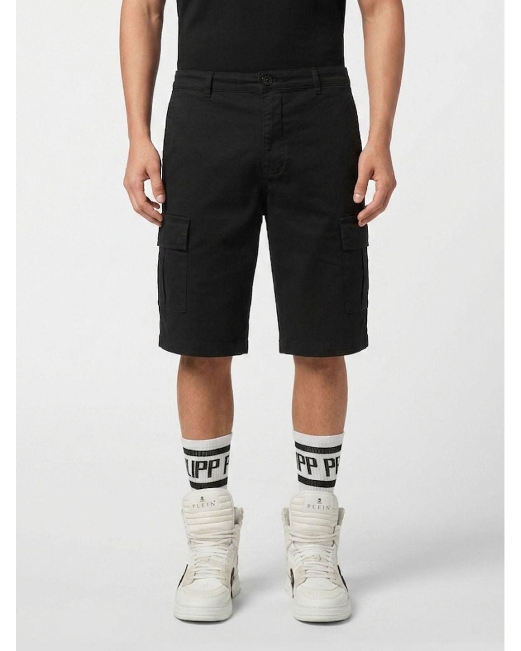 Philipp Plein Black Cotton Cargo Shorts With Multiple Pockets for men