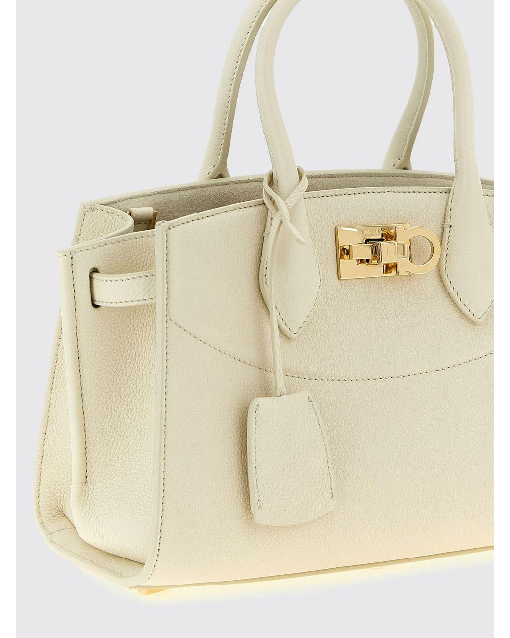 Ferragamo Natural Medium Studio Calfskin Leather Handbag With Gancini Logo