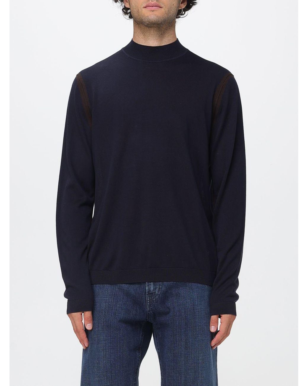 Emporio Armani Blue Mock Neck Cotton Jumper With Ribbed Trims for men