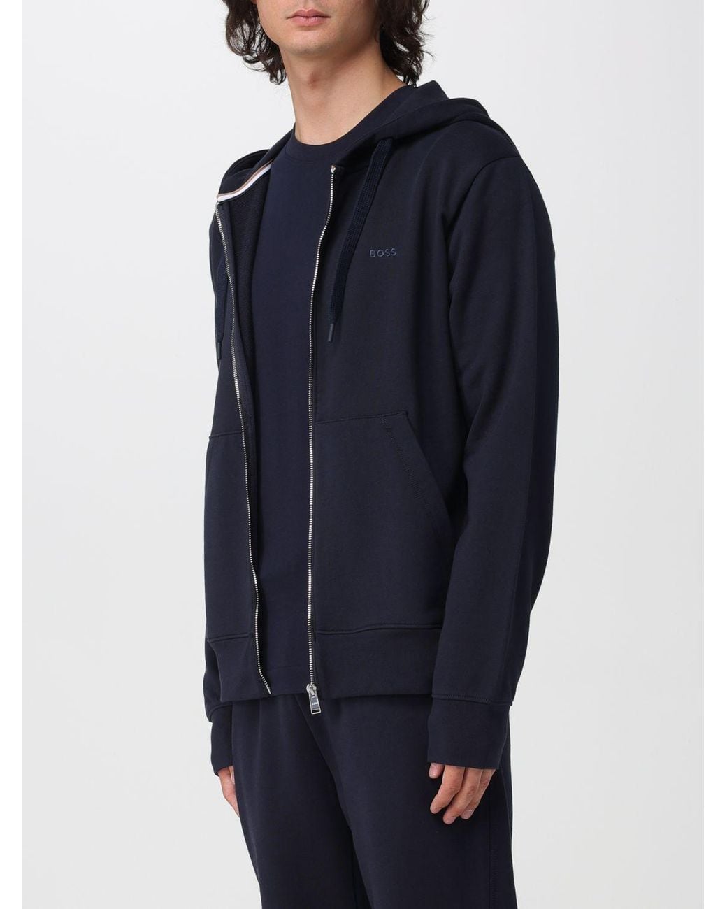 Boss Blue Cotton Zip-Up Hoodie Sweatshirt With Drawstring for men