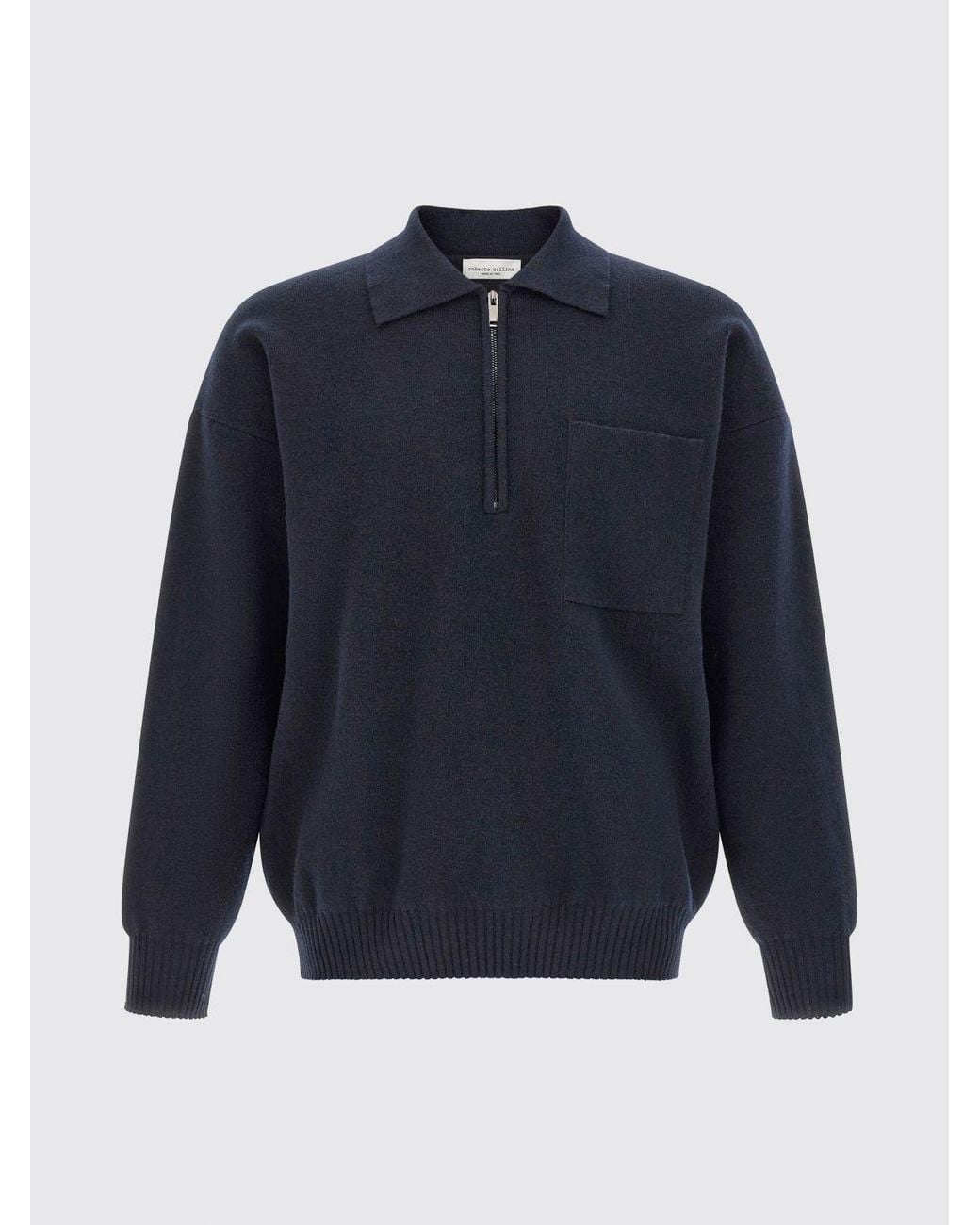 Roberto Collina Blue Long-Sleeved Merino Wool Knit Polo Shirt With Zip for men