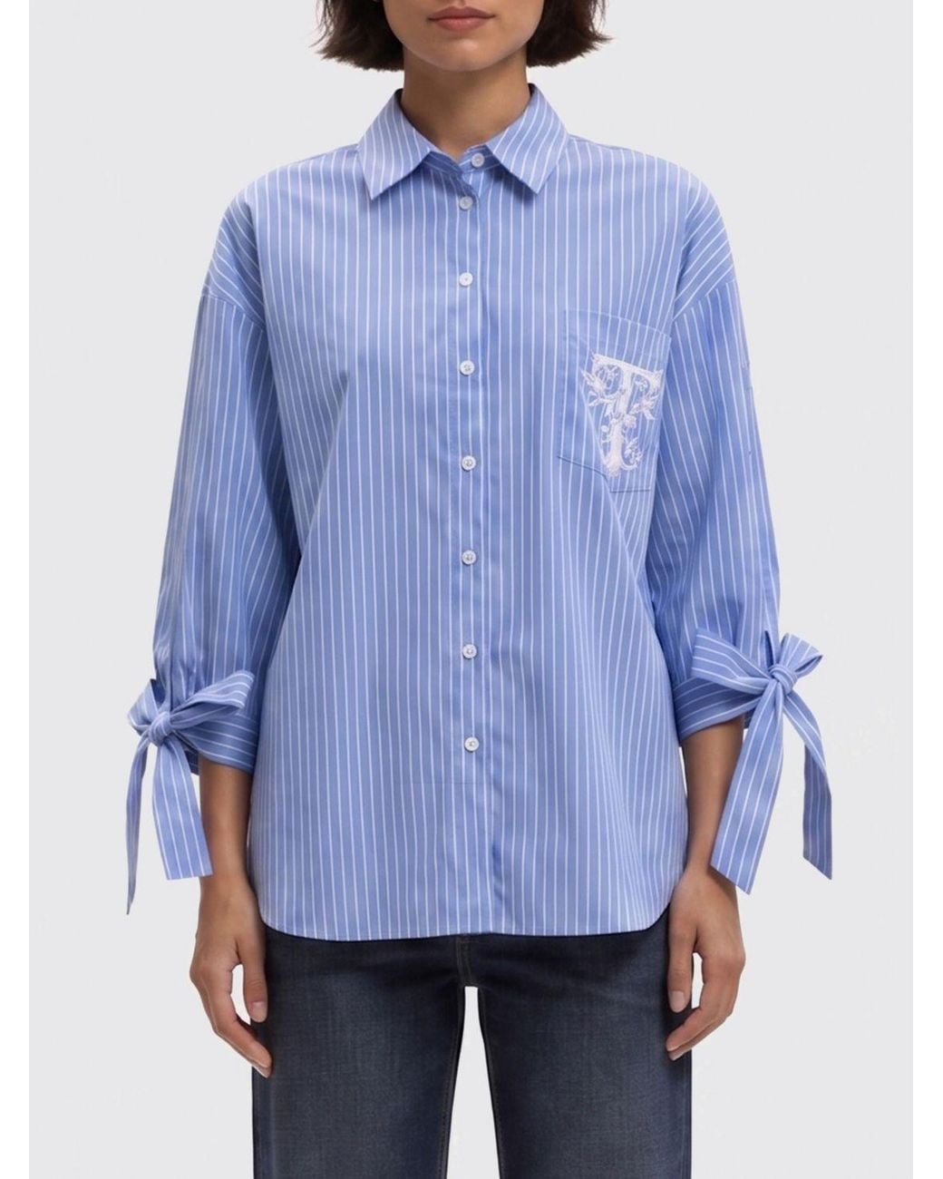 Twinset Blue Striped Cotton Relaxed-Fit Shirt With Contrast Embroidered Logo