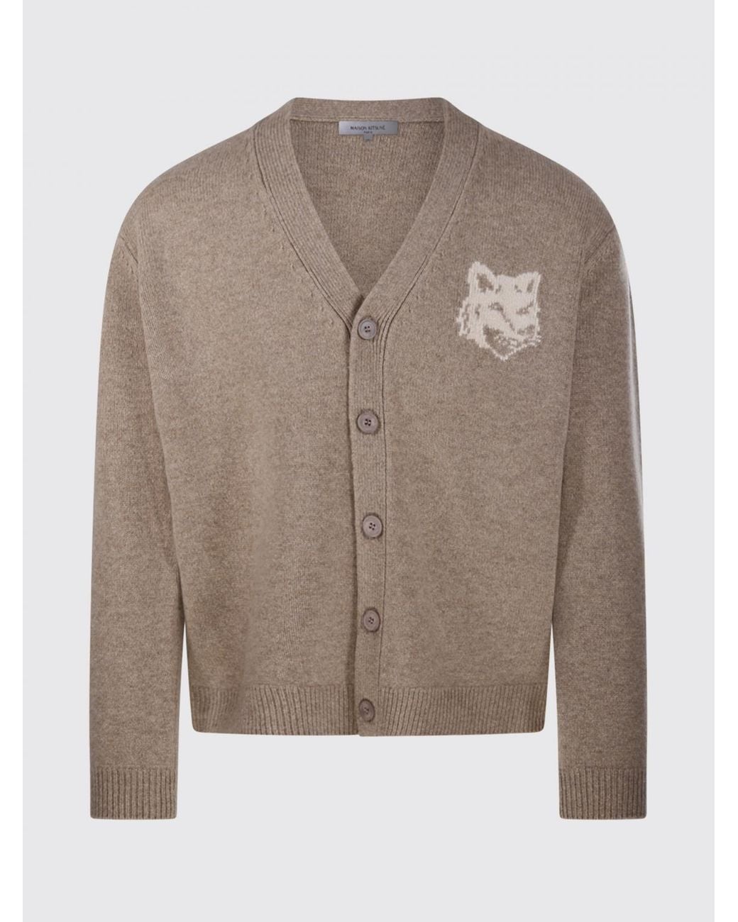 Maison Kitsuné Natural Maison KitsunÉ Merino Wool V-Neck Cardigan With Chillax Fox Logo Patch for men