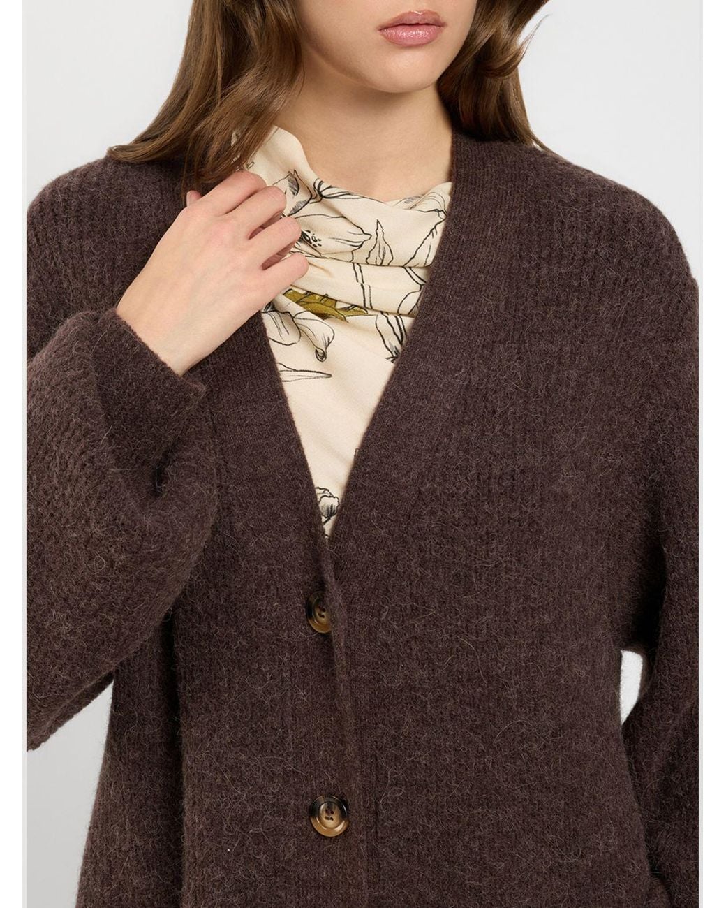 Twinset Brown Long Wool Blend Cardigan With Balloon Sleeves