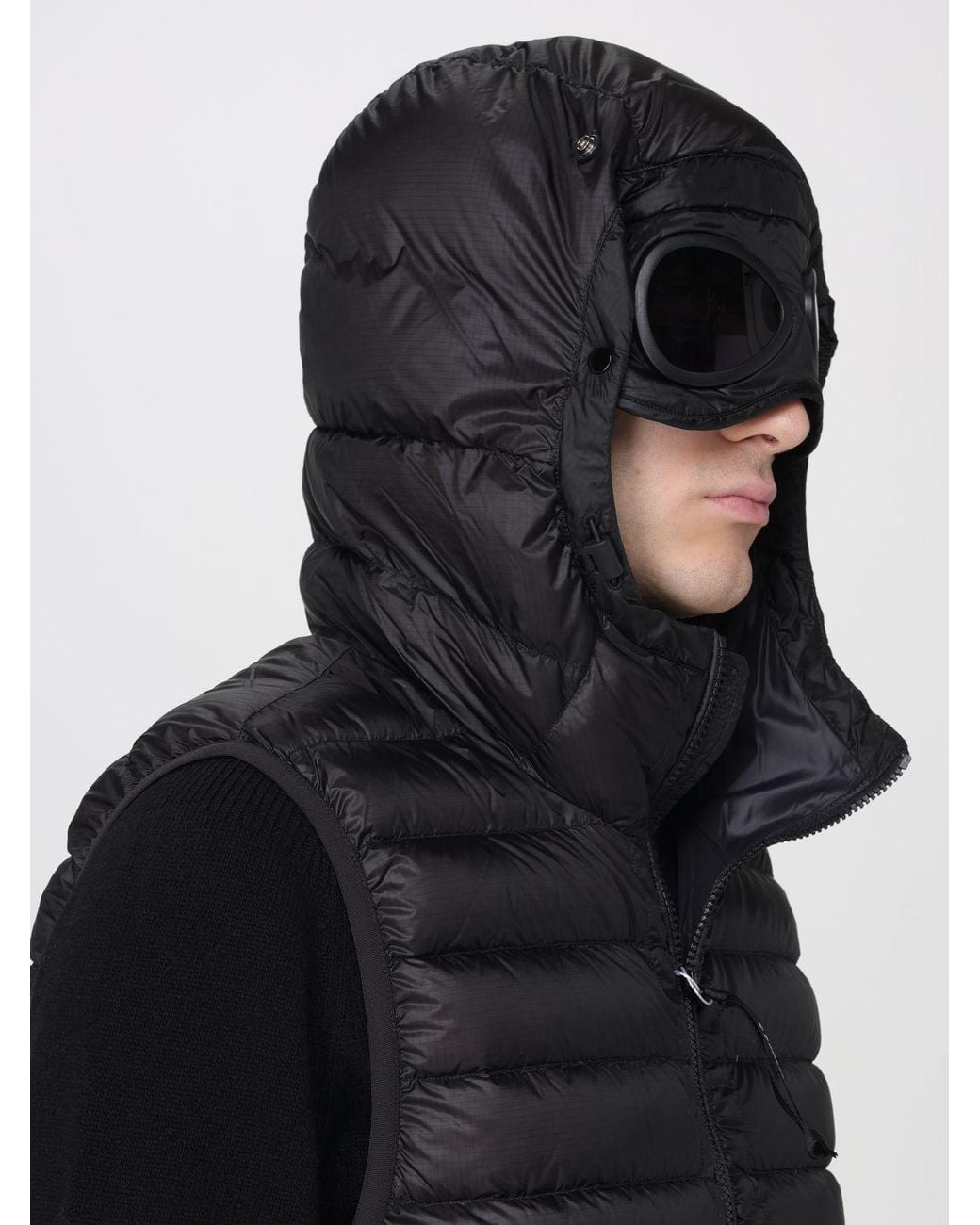 C P Company Black Quilted Nylon Padded Gilet With Hood And Iconic Goggle Lenses for men