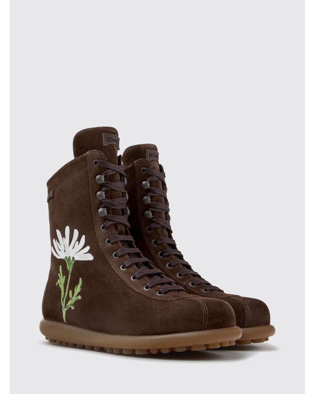 Camper Brown Twins Floral Print Suede Combat Boots With Zip Closure