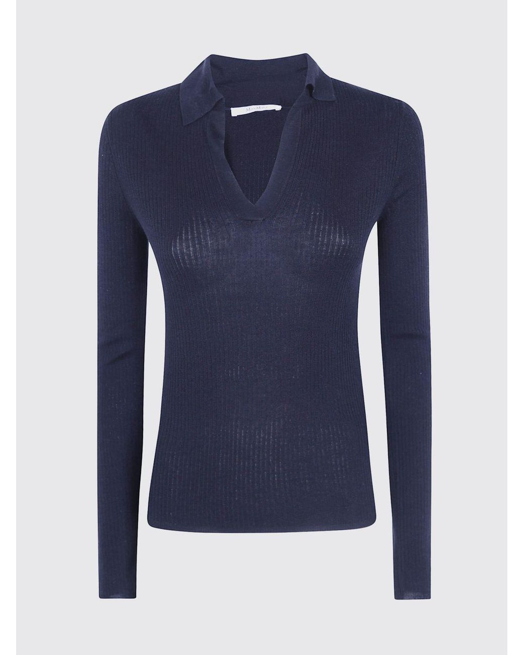 Max Mara Blue Ribbed Silk And Cashmere Knit Polo With V-Neck And Slim Fit