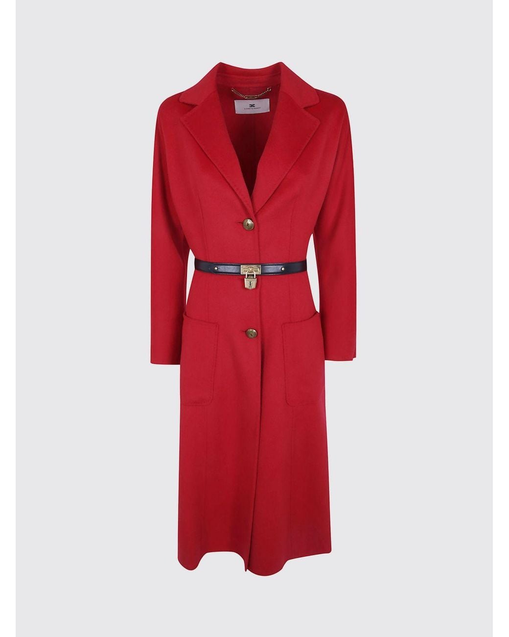 Elisabetta Franchi Red Single-Breasted Long Pure Wool Coat With Waist Belt