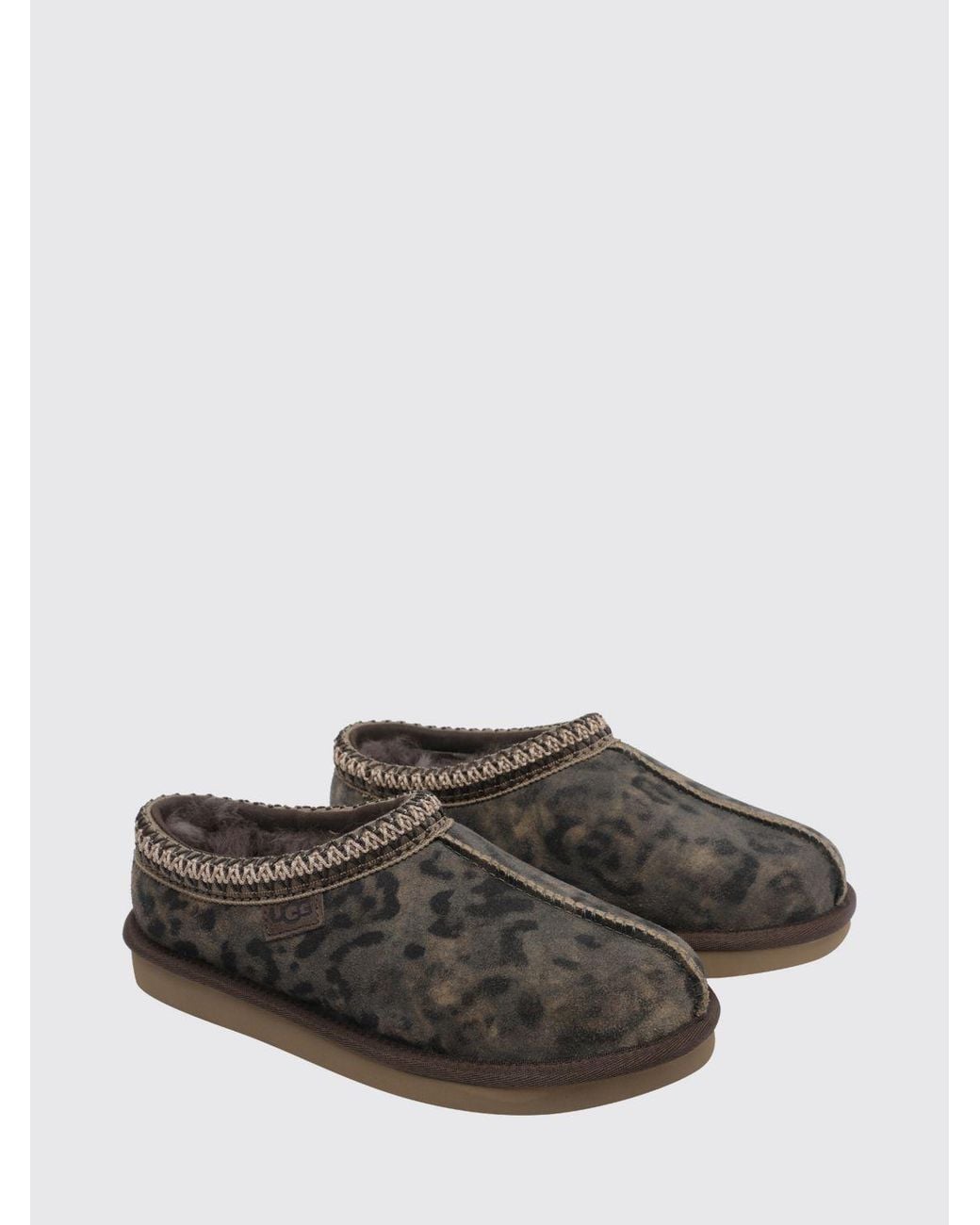 Ugg Gray Tasman Animal Print Suede Mules With Wool Lining And Eva Sole