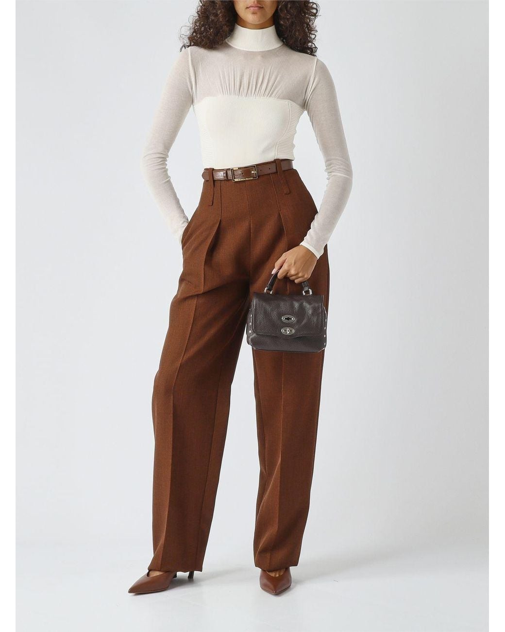 Elisabetta Franchi Brown High-Waisted Virgin Wool Palazzo Trousers