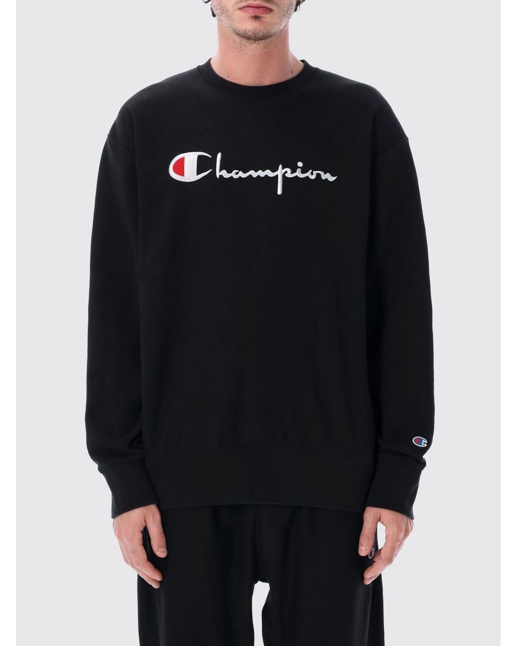 Champion Black Crewneck Cotton Sweatshirt With Contrast Logo And Dropped Shoulders for men