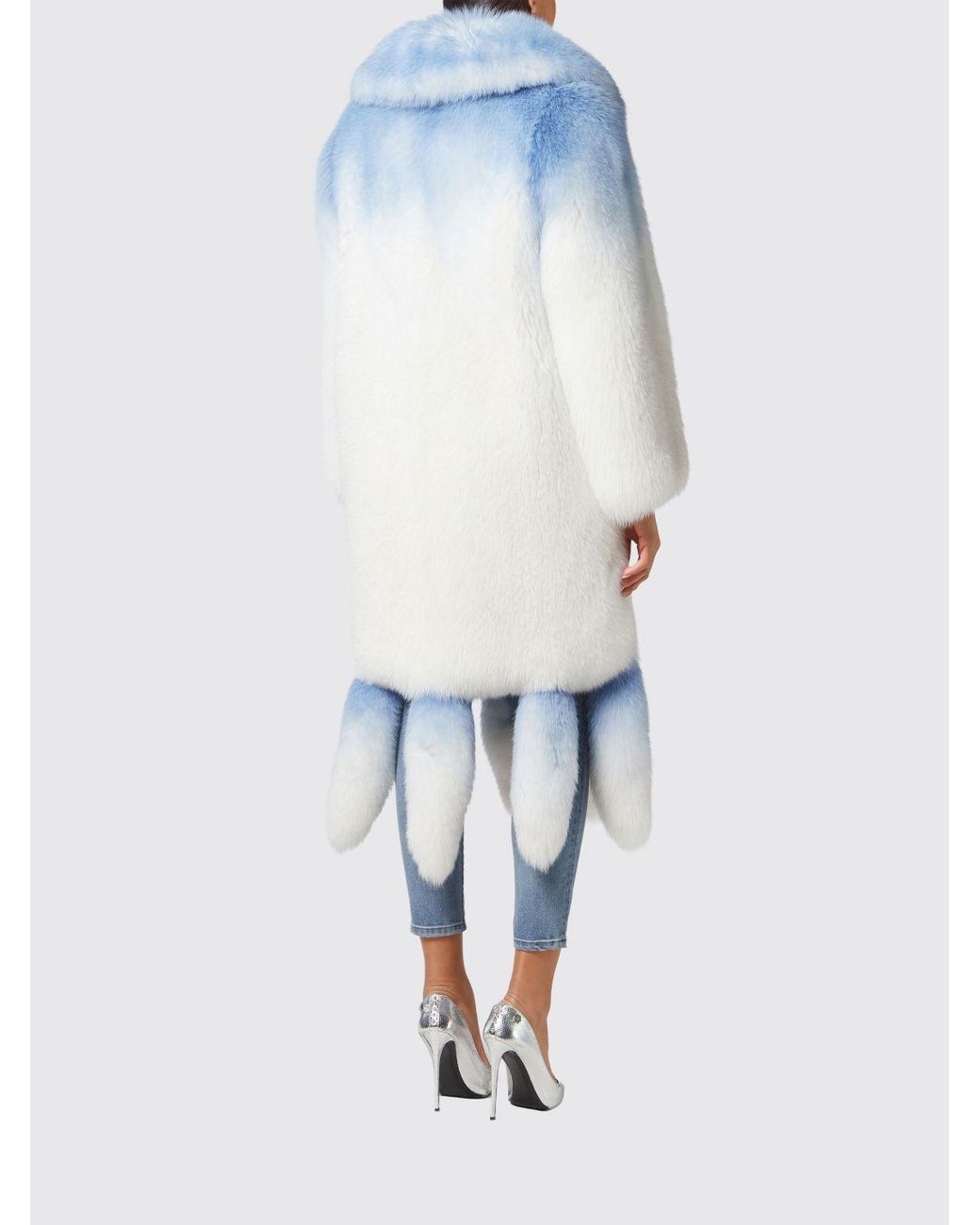Philipp Plein Blue Abstract Pattern Fox Fur Coat With Fringes
