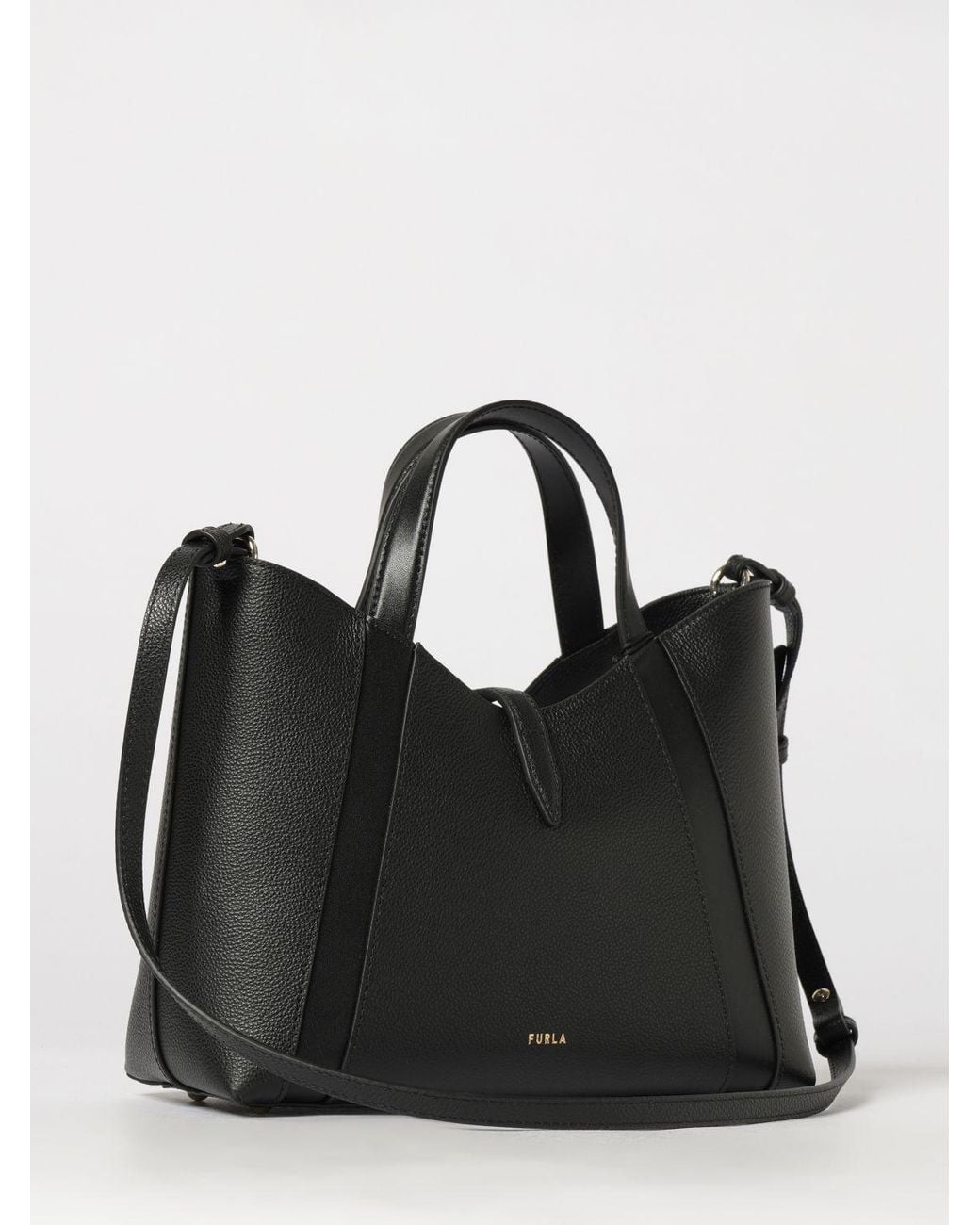 Furla Black Goccia Small Grained Leather Tote Bag By With Snap Closure