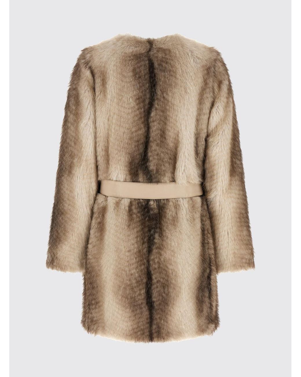 Twinset Natural Crewneck Abstract Pattern Faux Fur Coat With Belt