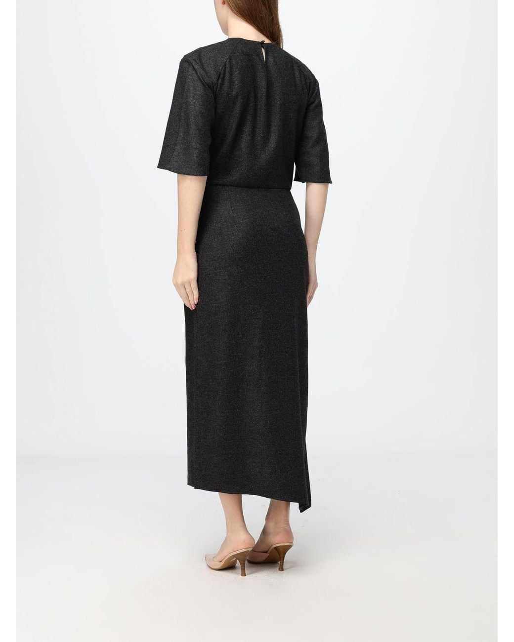 Crida Milano Black Beatrice Asymmetric Hem Wool Flannel Midi Dress With Short Sleeves