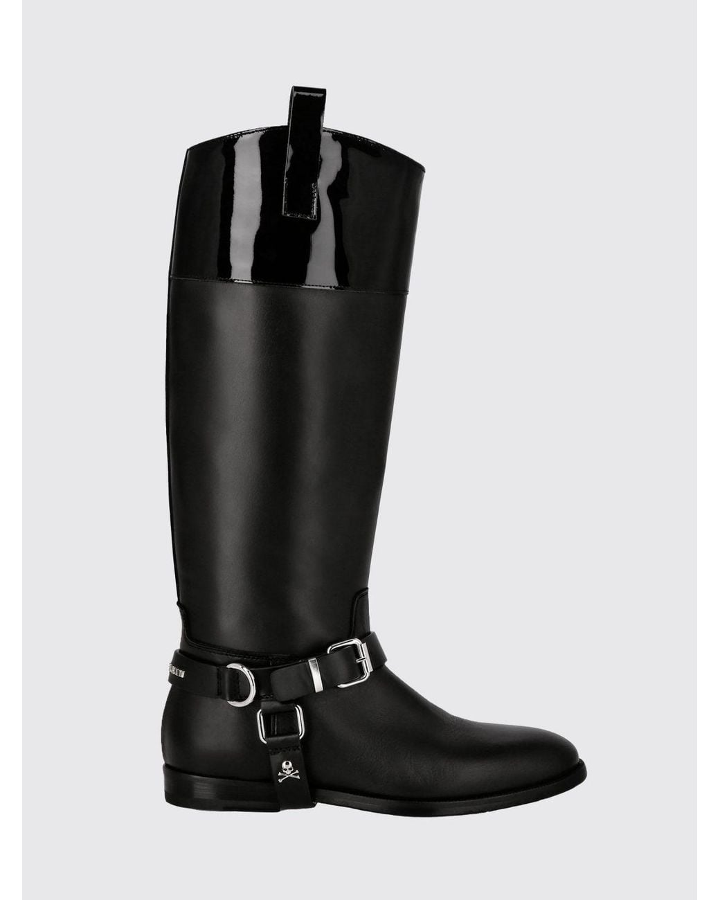 Philipp Plein Black Slip-On Smooth Leather Knee-High Boots With Applied Logo