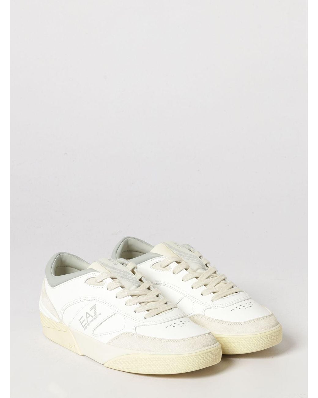 EA7 Natural Low Top Bovine Leather Sneakers With Round Toe And Printed Logo for men