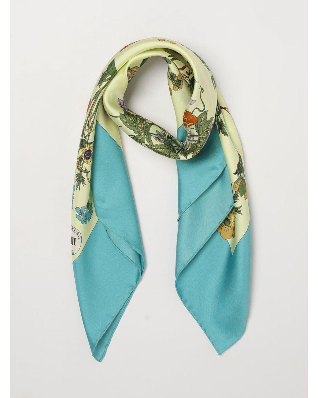 Mantero 1902 Blue Square Silk Twill Foulard With Multicolour Floral Print