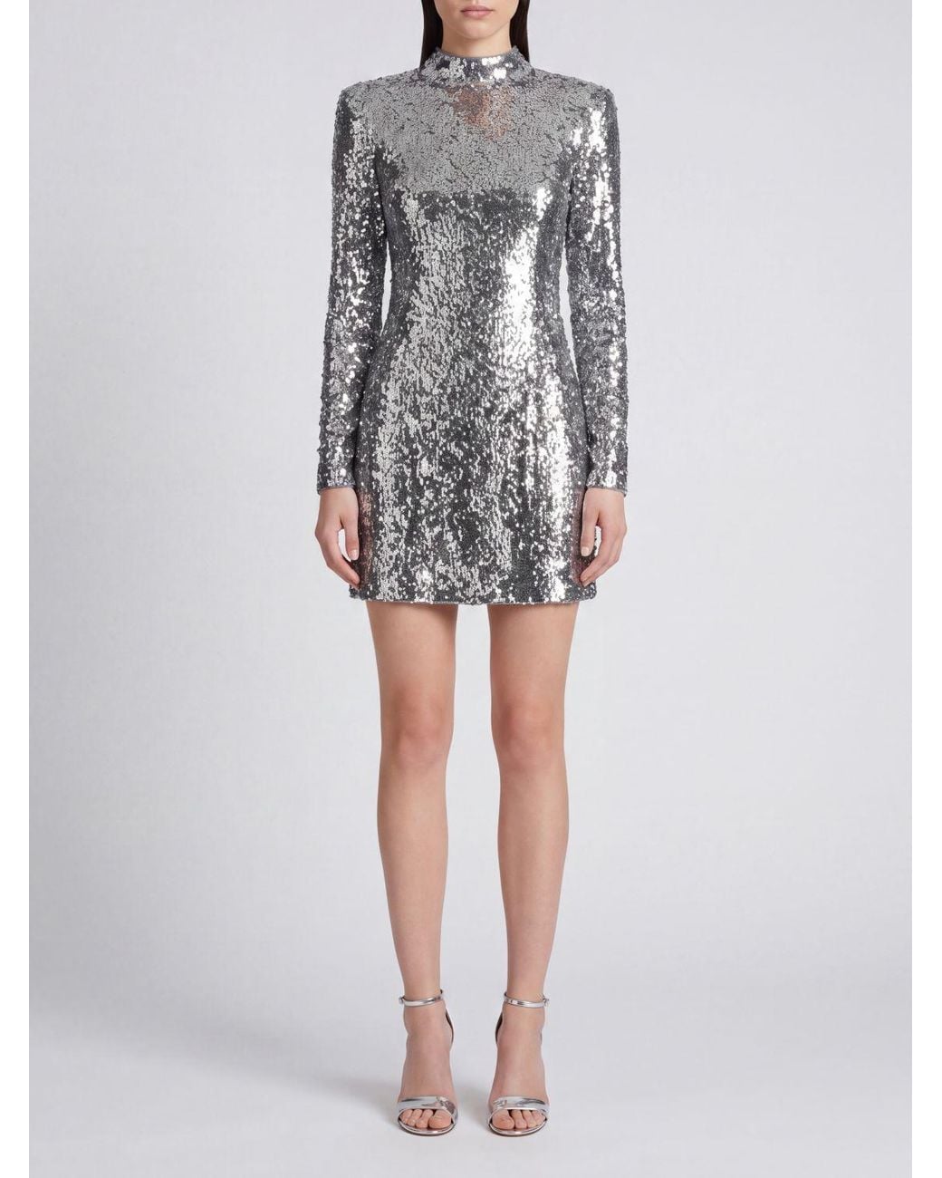 Balmain Gray Sequin-Embroidered Sheath Mini Evening Dress With High Neck