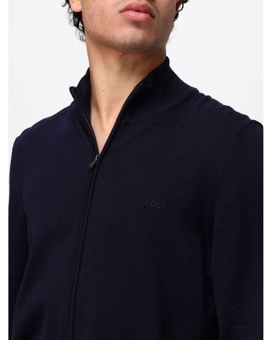 Boss Blue Virgin Wool Cardigan With High Neck And Zip Closure for men