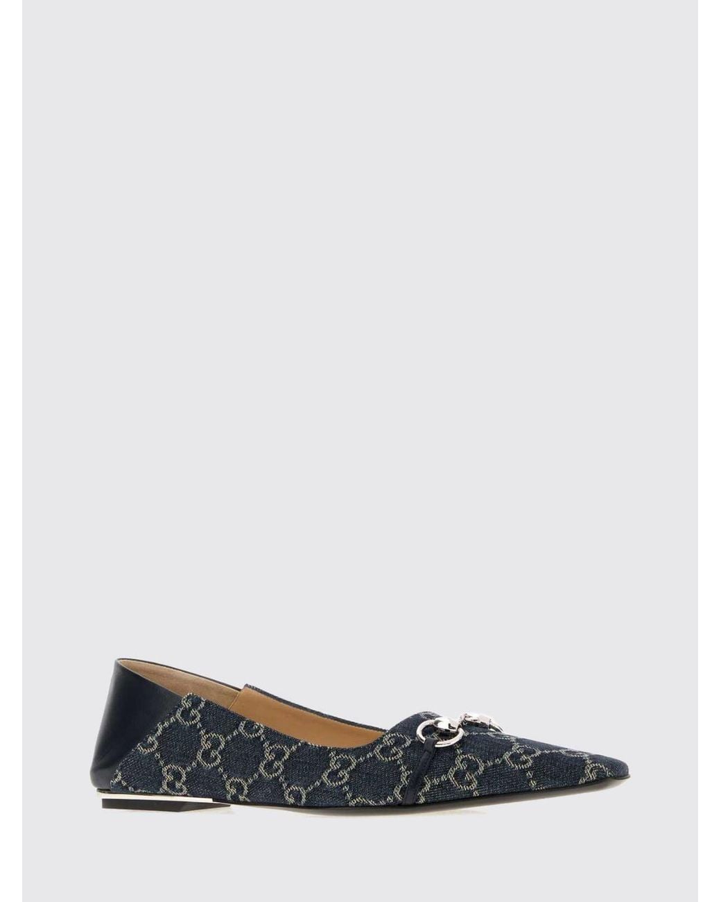 Gucci White Vittoria Tapered Toe Gg Jacquard Denim Ballet Flats With Horsebit Detail