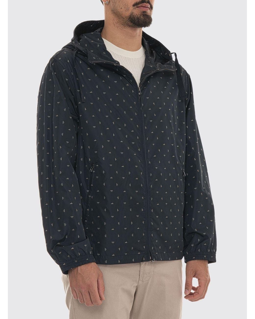 Emporio Armani Blue Hooded Windbreaker With All Over Logo for men
