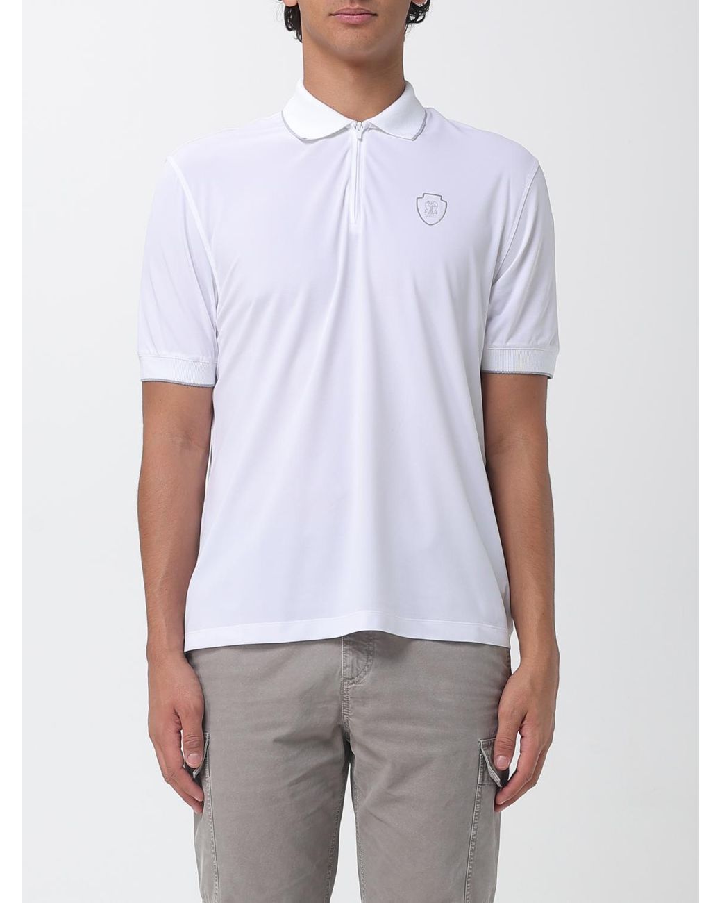Brunello Cucinelli White Stretch Technical Fabric Zip Polo Shirt for men