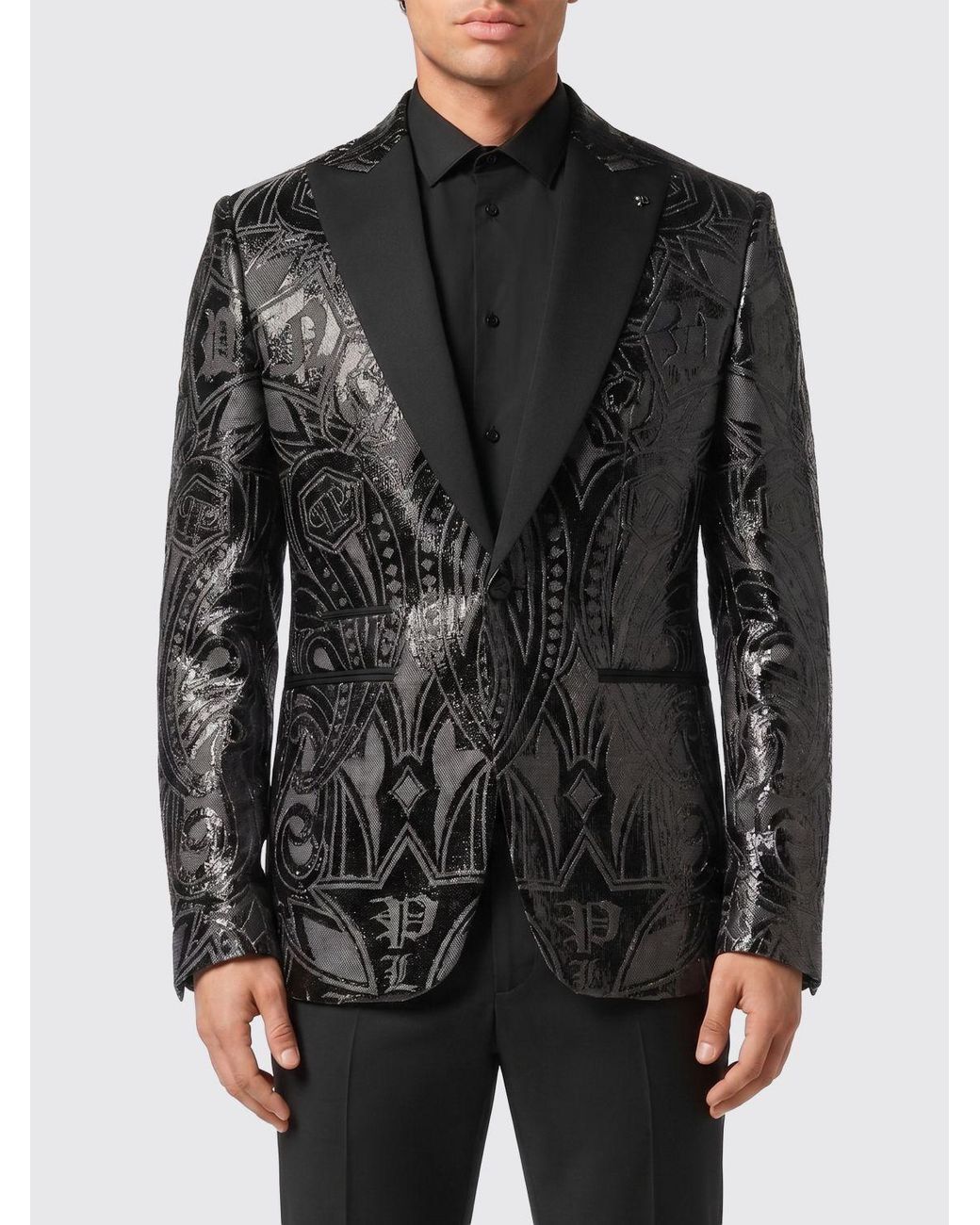Philipp Plein Black Single-Breasted Blazer With Crystal Monogram And Peak Lapels for men