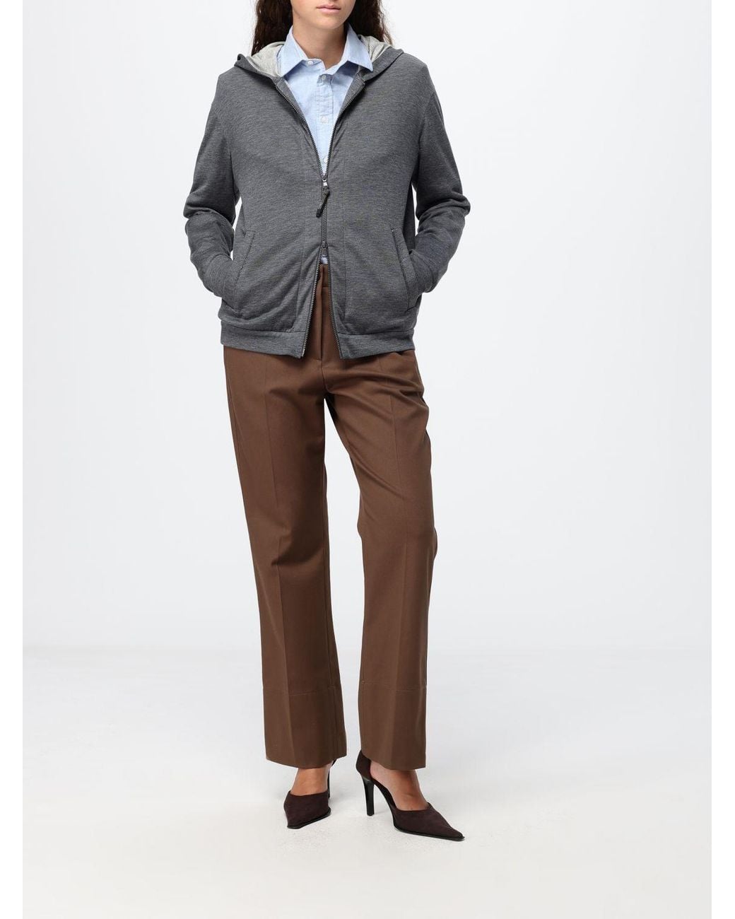 Brunello Cucinelli Gray Cotton And Silk Blend Hooded Zip-Up Sweatshirt