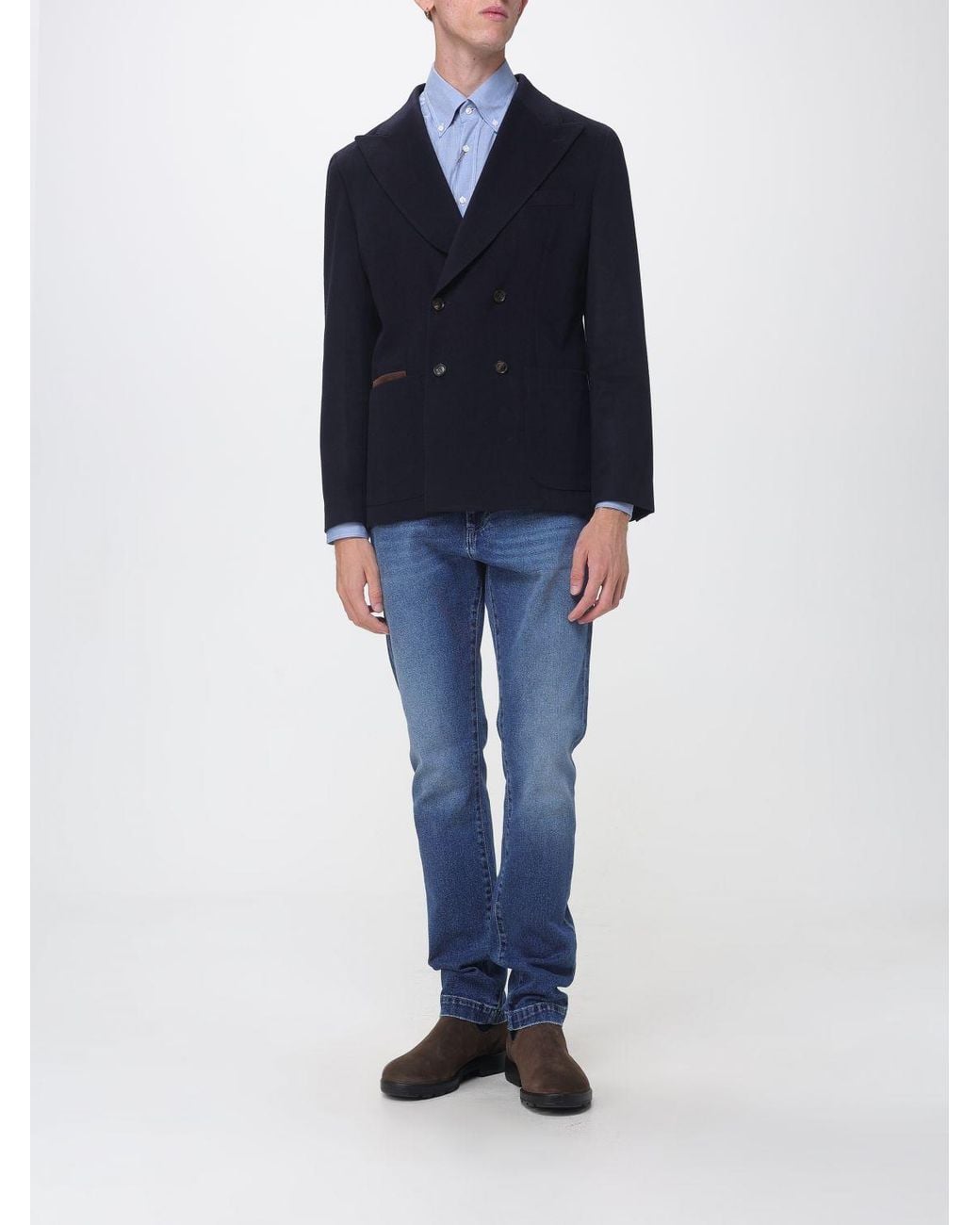 Luciano Barbera Blue Double-Breasted Pure Wool Blazer With Welt Pockets for men