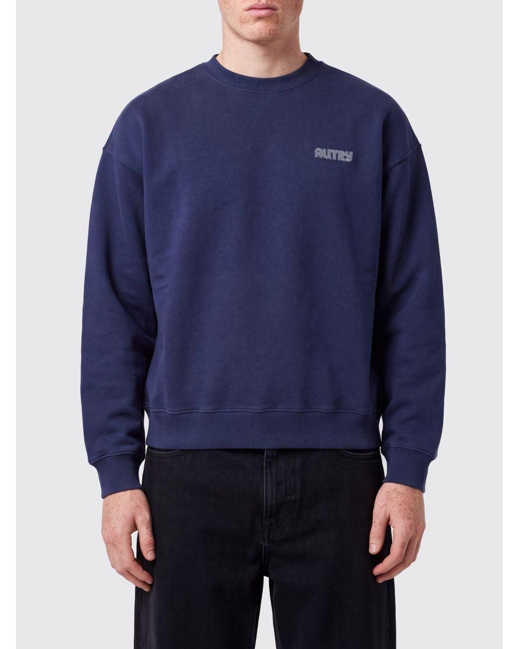 Autry Blue Cotton Crewneck Jumper With Contrast Logo And Dropped Shoulders for men