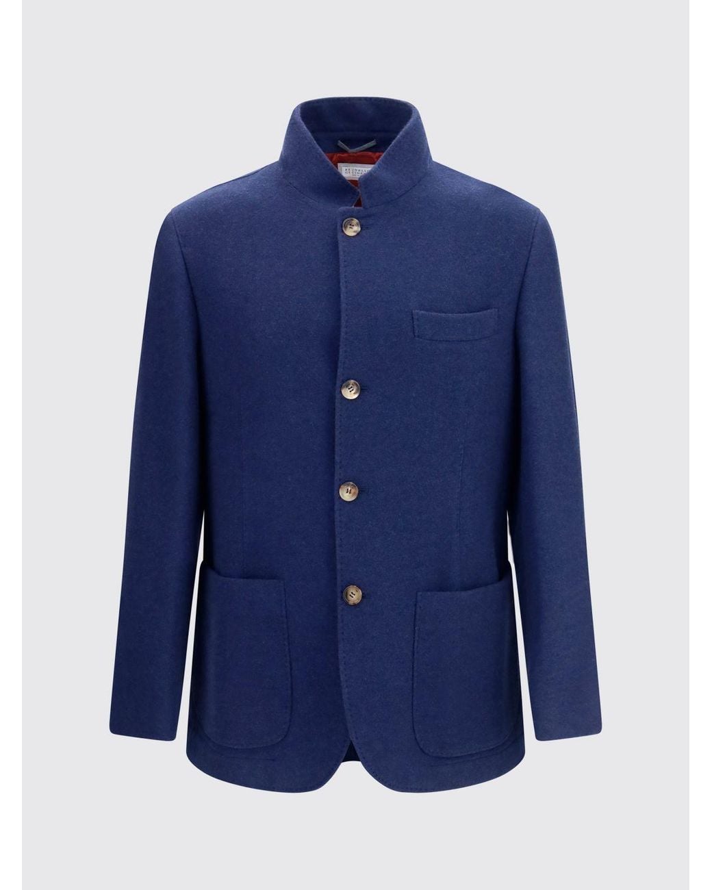 Brunello Cucinelli Blue Water-Repellent Cashmere Short Single-Breasted Coat With High Collar for men