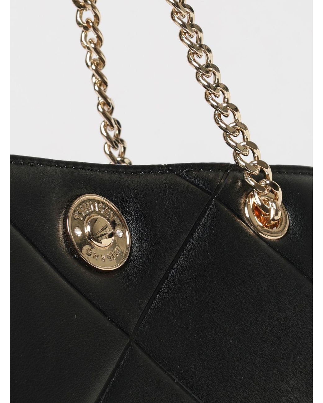 Twinset Black Quilted Synthetic Leather Tote Bag With Metal Mesh Handles