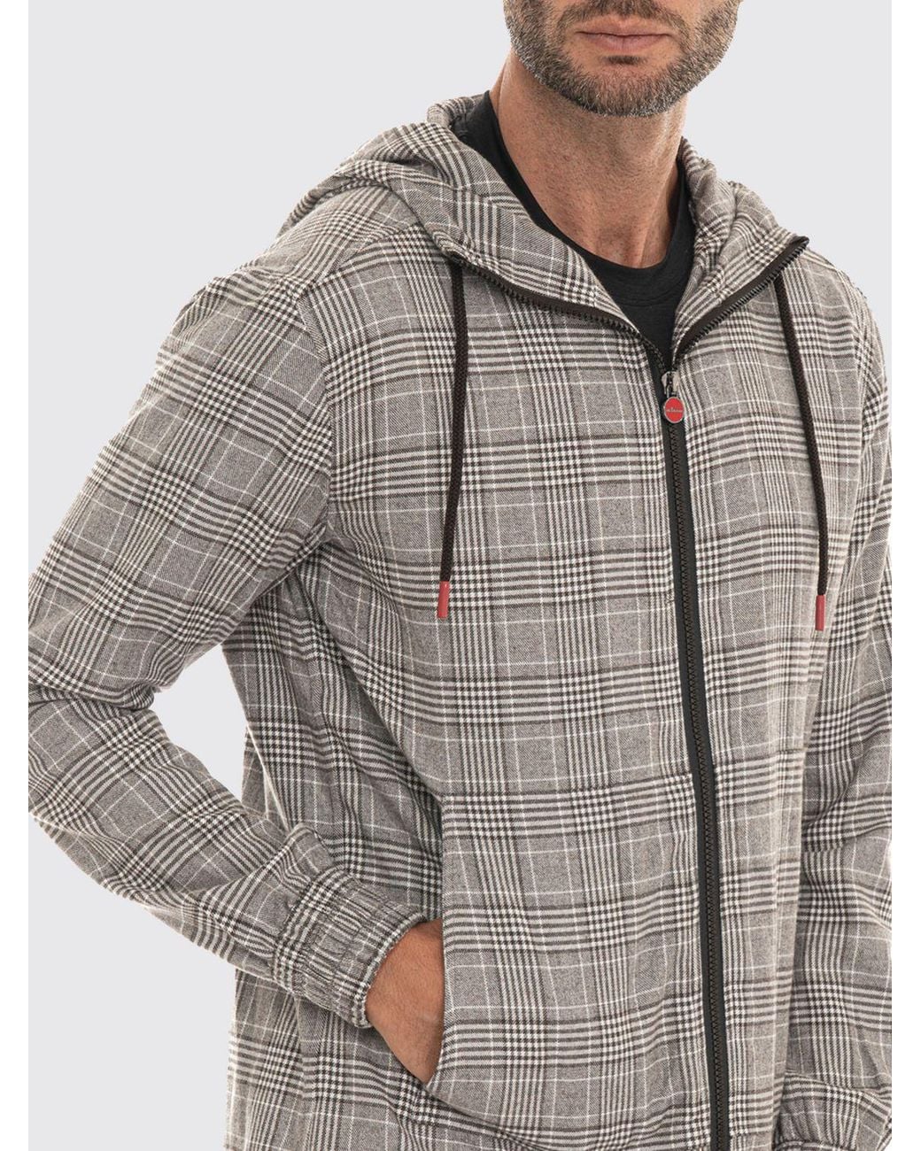 Kiton Gray Tartan Cotton Zip-Up Hoodie With Dropped Shoulders for men